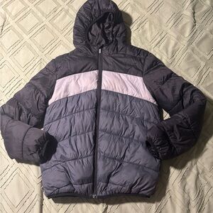 Colorblock Hooded Puffer Jacket in Dark Gray and Light gray
